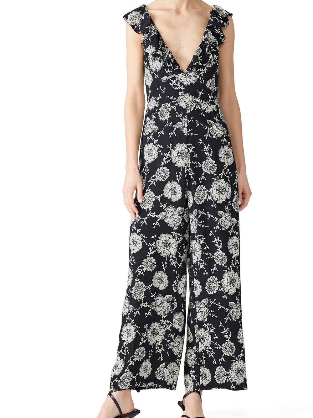 Cleobella Toledo Black and Cream Floral V-Neck Wide-Leg Jumpsuit XS - Picture 2 of 10